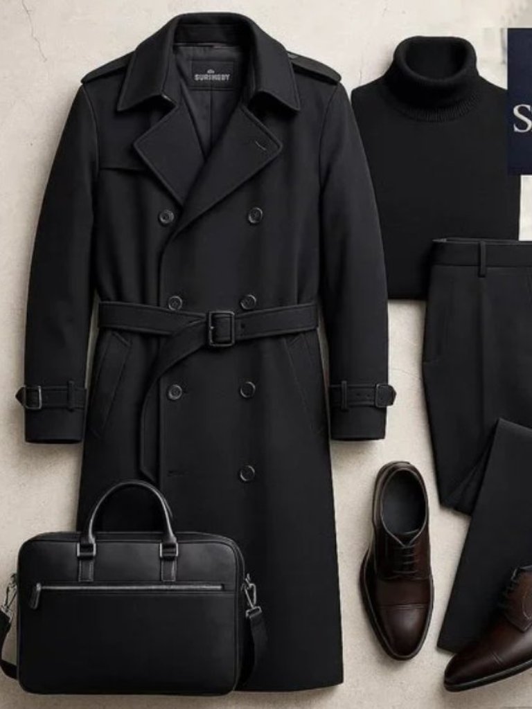Stafford - Size 48r - Men's Black Trench Coat Double Breasted Long Overcoat